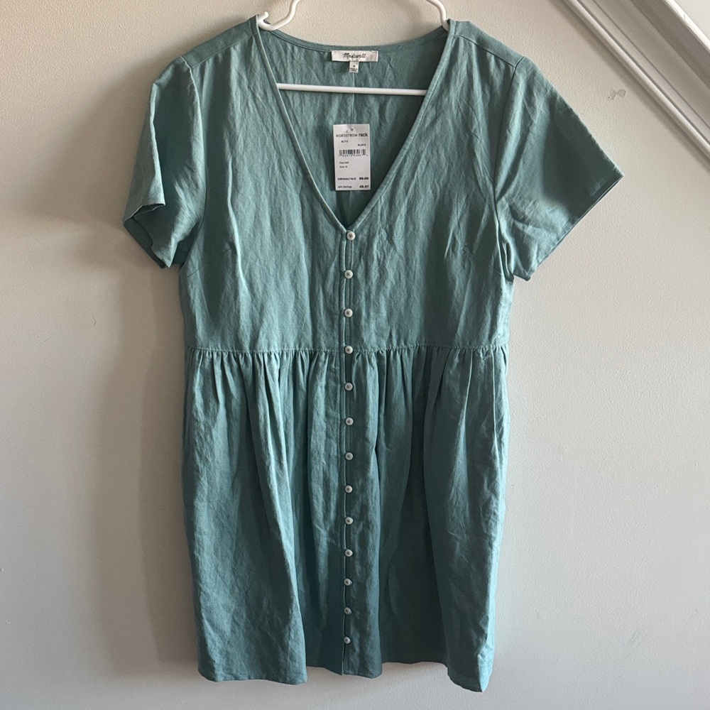 Linen-Blend Alexandra Button-Front Mini Dress Tranquil Lake Green Size Medium